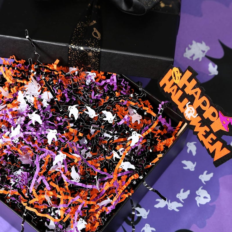 PAPER FAIR 1LB Halloween Metallic Black Orange Purple Crinkle Cut Paper with Ghost Confetti, Trick or Treat Candy Gift Basket Box Shredded Paper Raffia Filler, Craft Bedding Cushion, Birthday Party - Image 5
